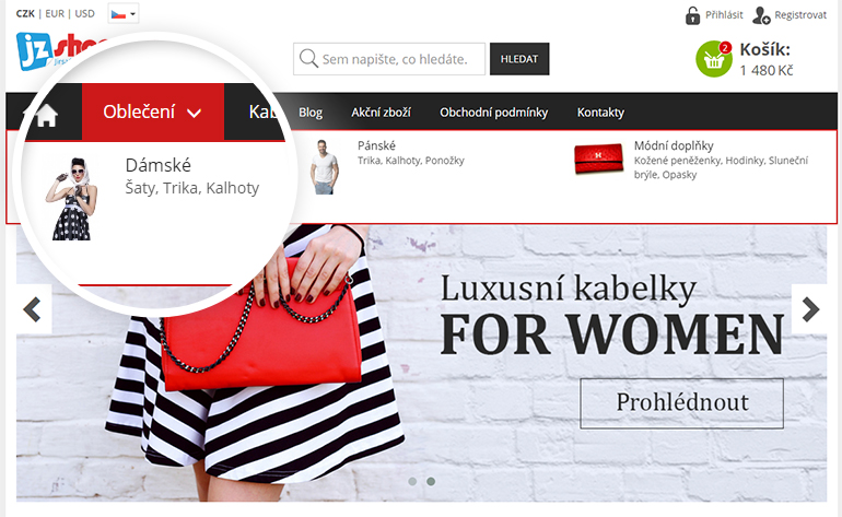 Vodorovné menu kategorií v e-shopu