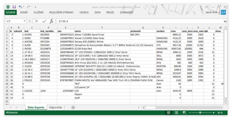 import a export zboží pomocí XLS
