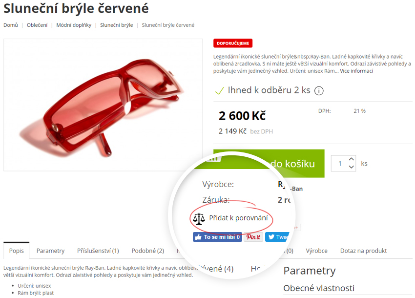 přidání zboží do porovnávače produktů